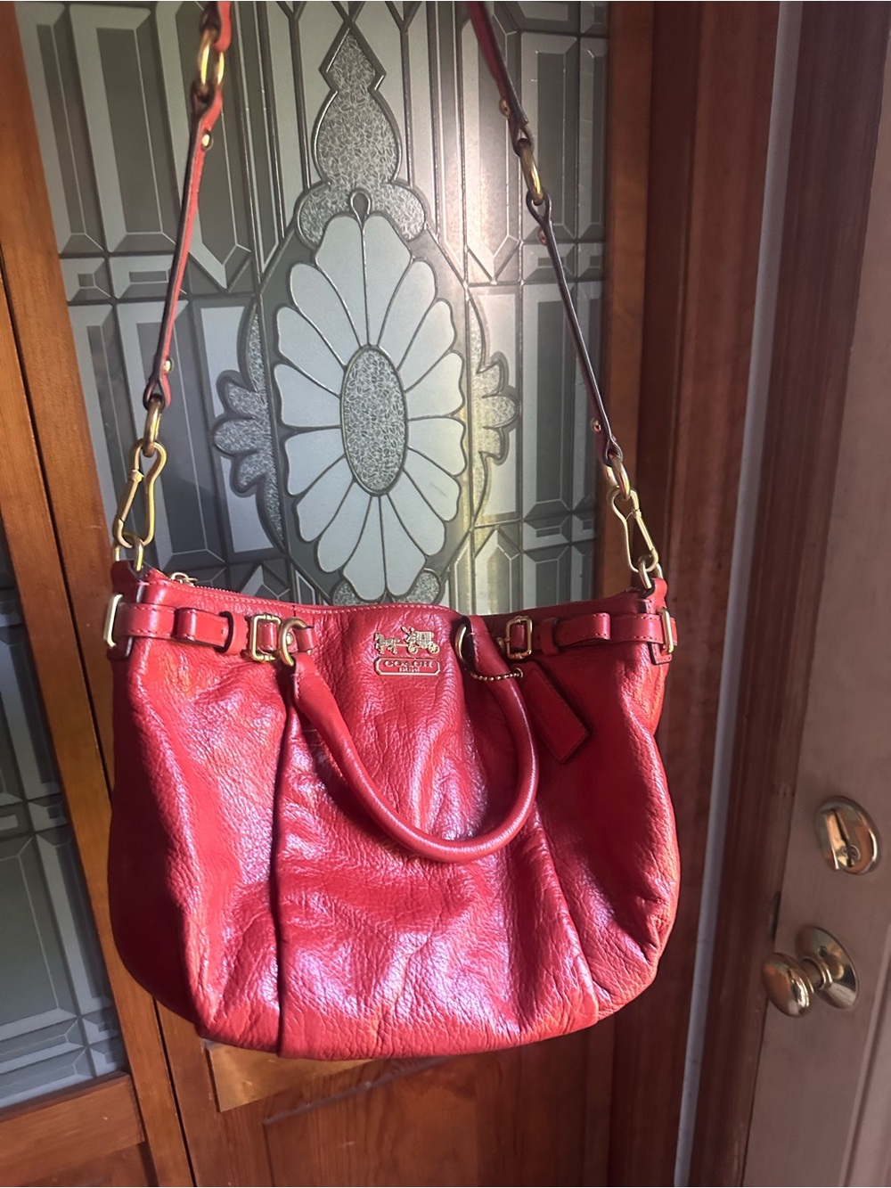 Coach orange Pebbled Leather Shoulder Bag with Gold Hardware